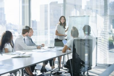 Woman presenting insurance products to possible investors.